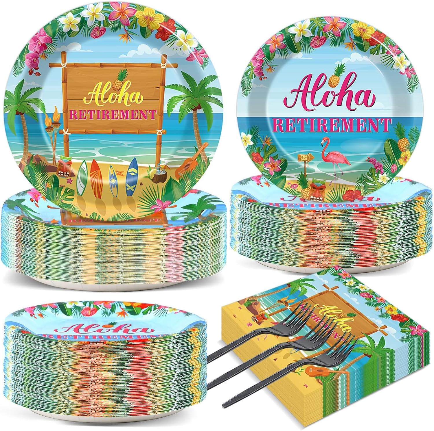 200PCS Tropical Hawaiian Luau Retirement Party Plates Napkins Happy Retirement Party Paper Tableware Set Summer Aloha Disposable Dinnerware for Hawaiian Beach Happy Retirement Party Supplies Serve 50