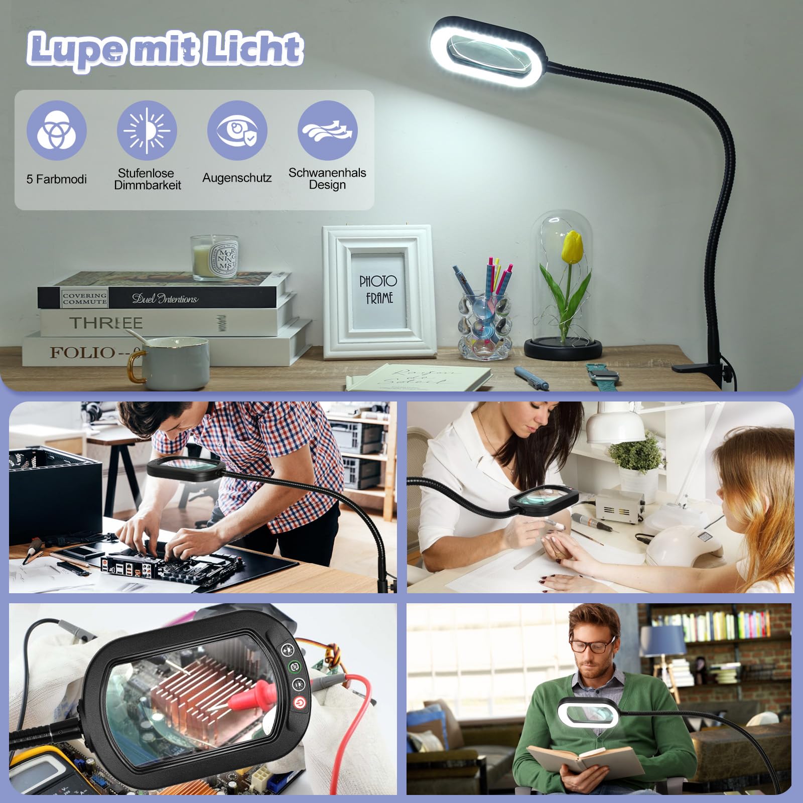 12X Rechteckige Lupe mit Licht und Ständer, 24-Zoll Flexibler Schwanenhals-Vergrößerungslampe mit Ständer, 5 Farbmodi stufenlos dimmbar, 3-in-1 LED-Vergrößerungslampe freihändig für Naharbeit, Lesen