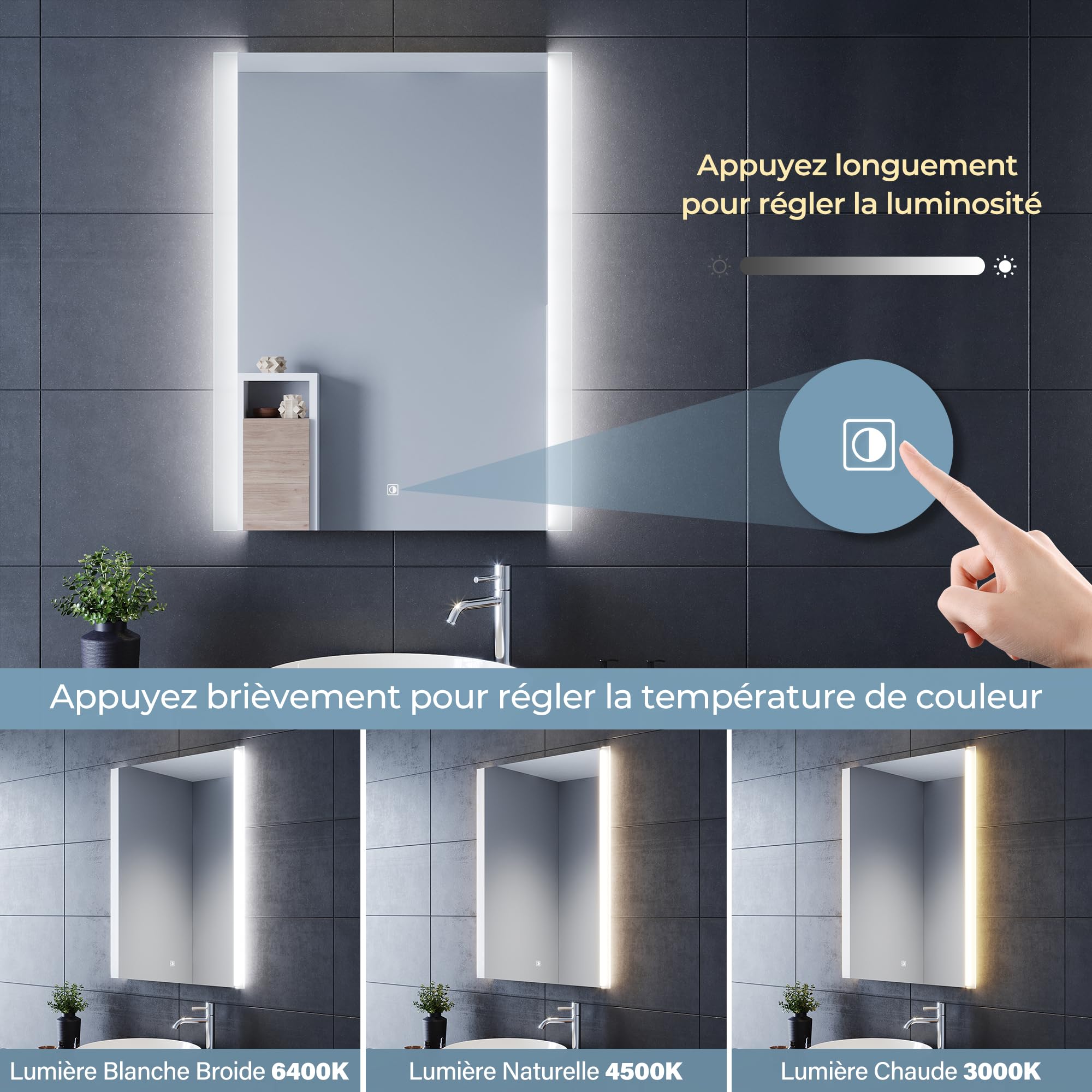 SIRHONA Specchio da bagno rotondo LED Specchio 80 cm antiappannamento con illuminazione integrata Specchio da parete rotondo bianco freddo | Leroy Merlin