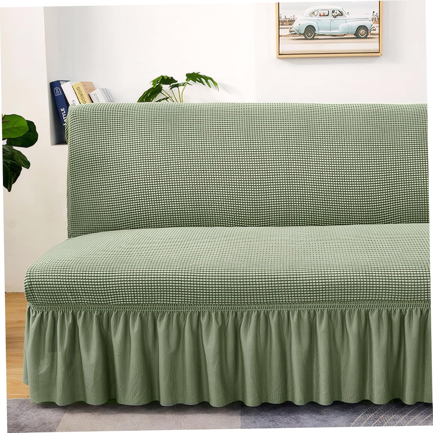 Futon Cover Stretch Futon Mattress Cover Thicken Armless Sofa Cover with Skirt Soft Futon Covers Non-Slip Futon Slipcovers Washable Futon Couch Cover for Home