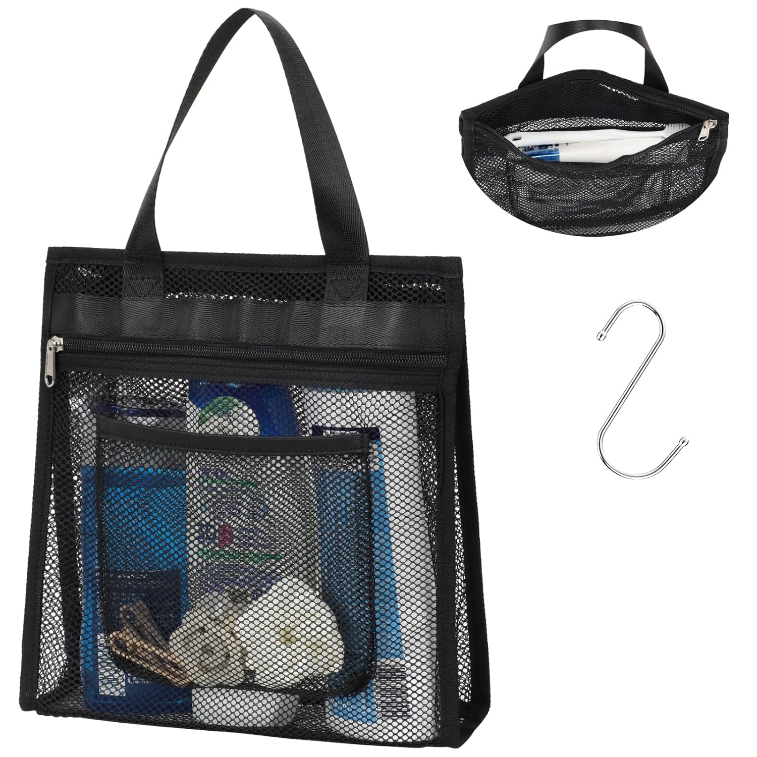 F-color Mesh Shower Caddy Portable Hanging - 3 Pockets Small Shower Bag Tote for Camping Gym Travel Toiletry