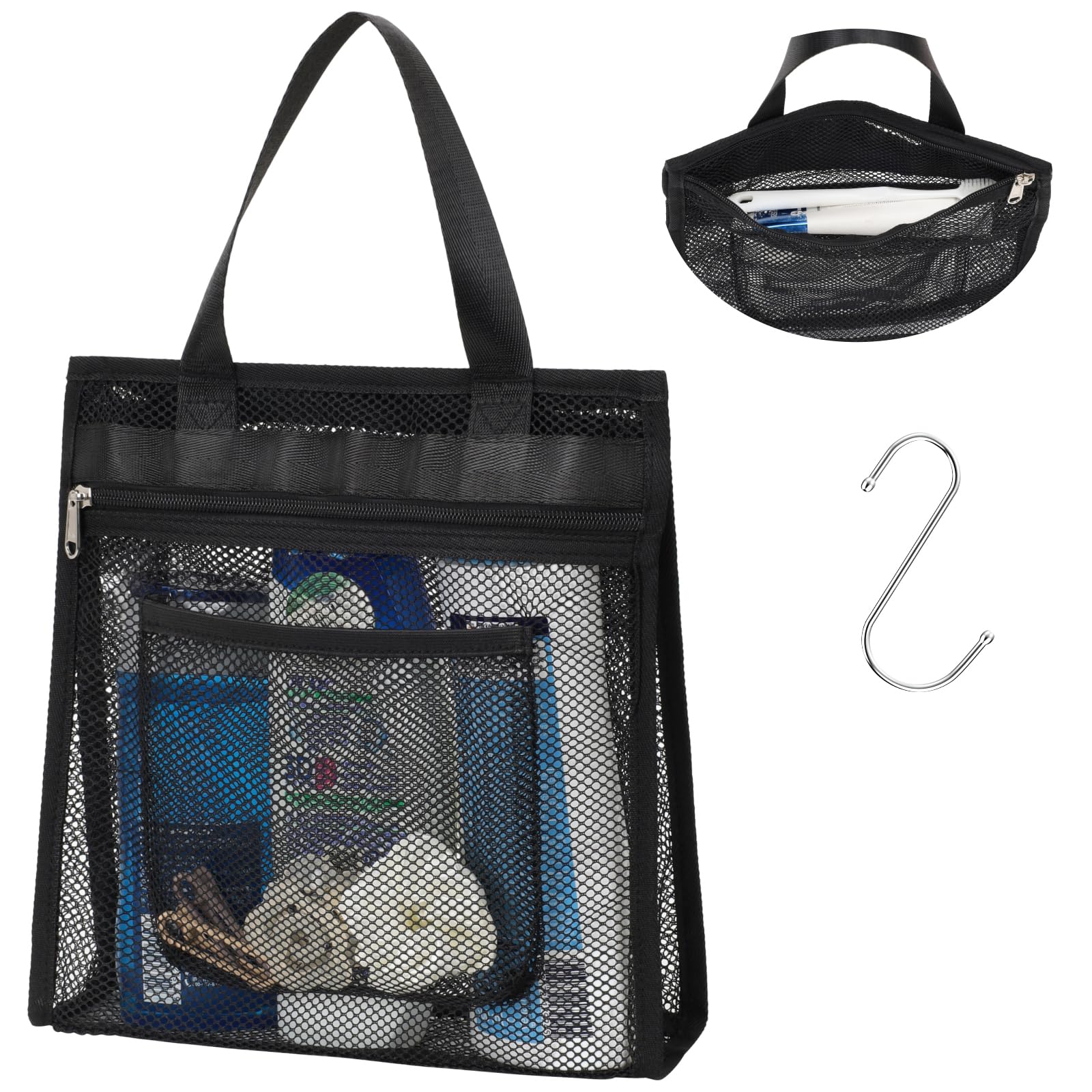 F-color Mesh Shower Caddy Portable Hanging - 3 Pockets Small Shower Bag Tote with Zipper Closure for Camping