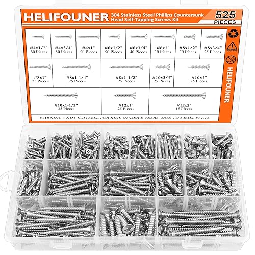 Miniatura 8 de Juego de 525 tornillos para madera #4#6#8#10#12, HELIFOUNER 16 tamaños Phillips cabeza avellanada tornillos autorroscantes surtido, tornillos de