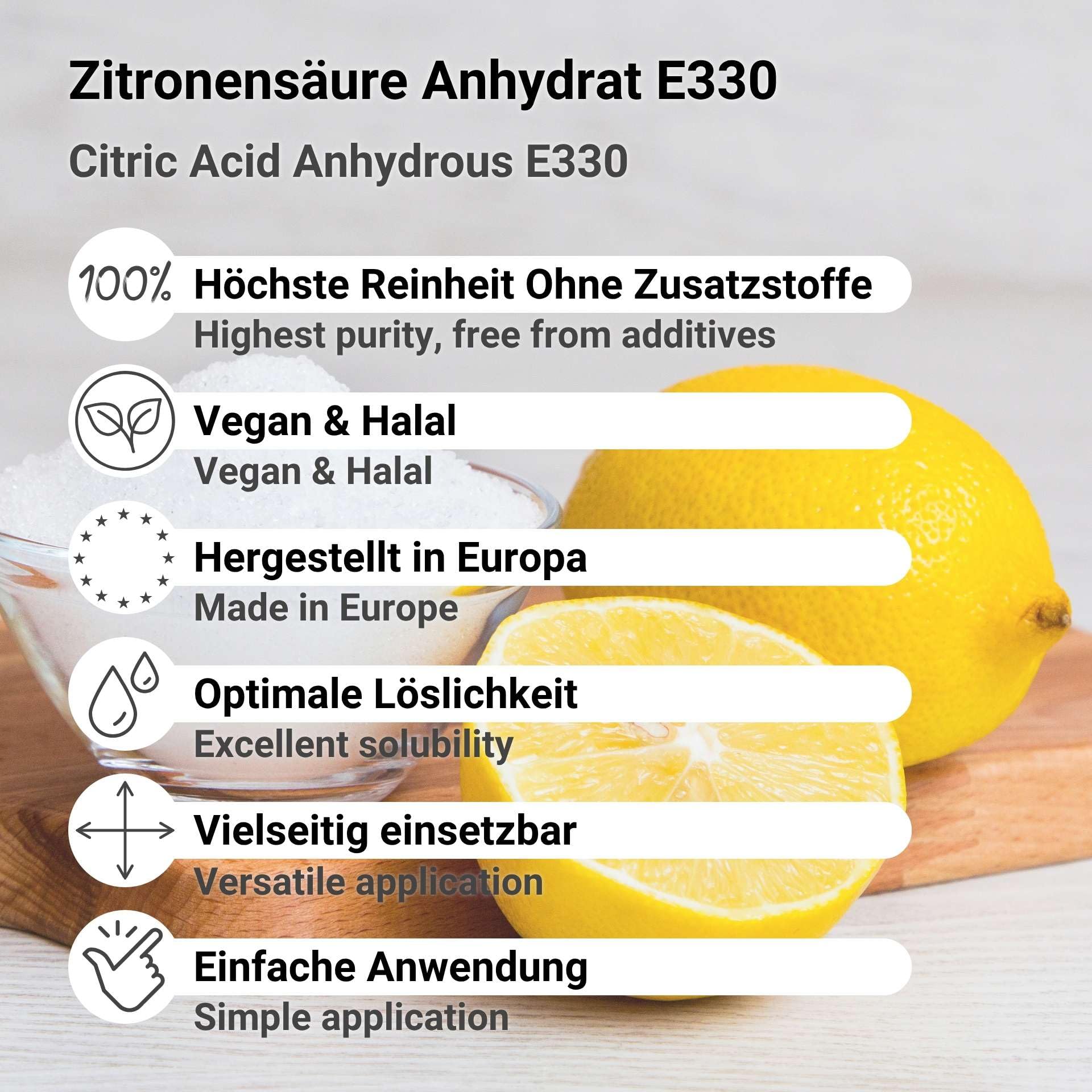 Zitronensäure Anhydrat E330 – Mittelgrob (16-35 mesh), Hergestellt in EU, hochrein & vegan, vielseitig für Lebensmittel, Kosmetik & Entkalkung