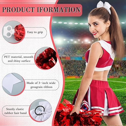 Miniatura 10 de Pompones de animadora y lazo grande para el pelo de animadora para niña, 12 pulgadas, pompones metálicos grandes de animadora para animadora de