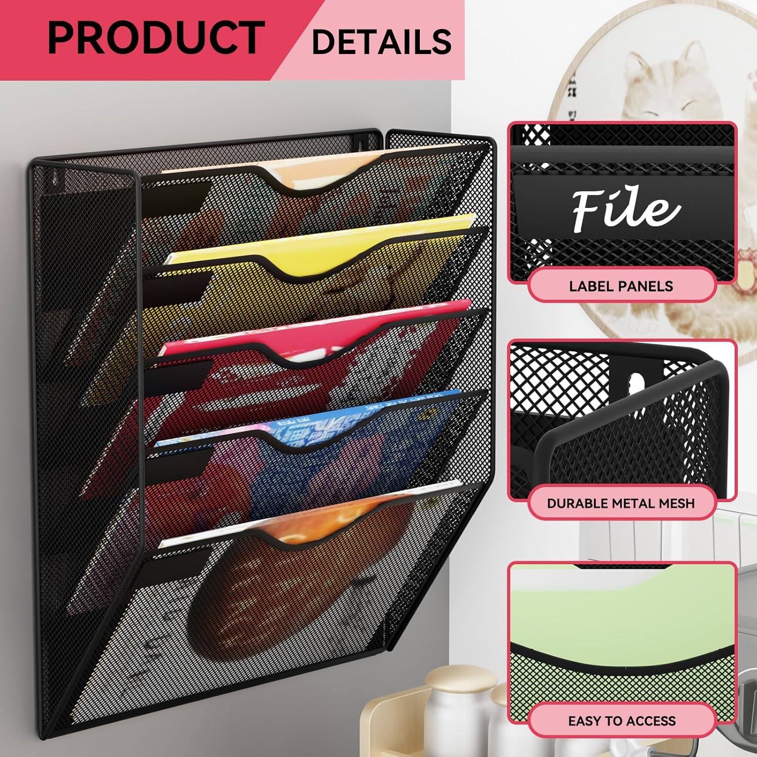 5-Tier Magnetic File Holder, No Drilling Wall File Organizer, File Folder Bins, Mail & Magazine Rack, Magnetic Paper Document Holder for Refrigerator File Cabinets Whiteboard, Black