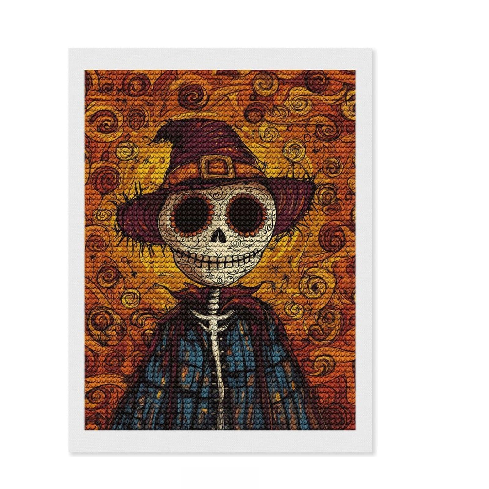 Junmoney Scarecrow Day of The Dead Round Drill Diamond Painting 12"x16", for Creative Relaxation, Full Kit Included, Boho Decor, Gift Idea