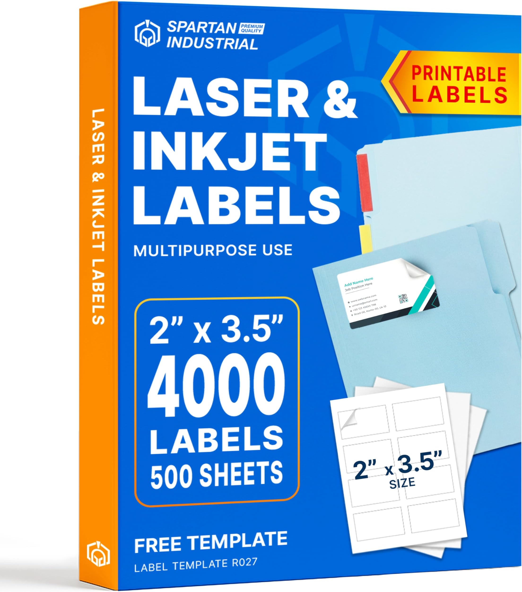 2" X 3.5" Matte White Printable Labels for Inkjet and Laser Printers - 500 Sheets, 4000 Total Custom Stickers for Shipping Labels, Product Labeling, Addresses - Spartan Industrial Template R027