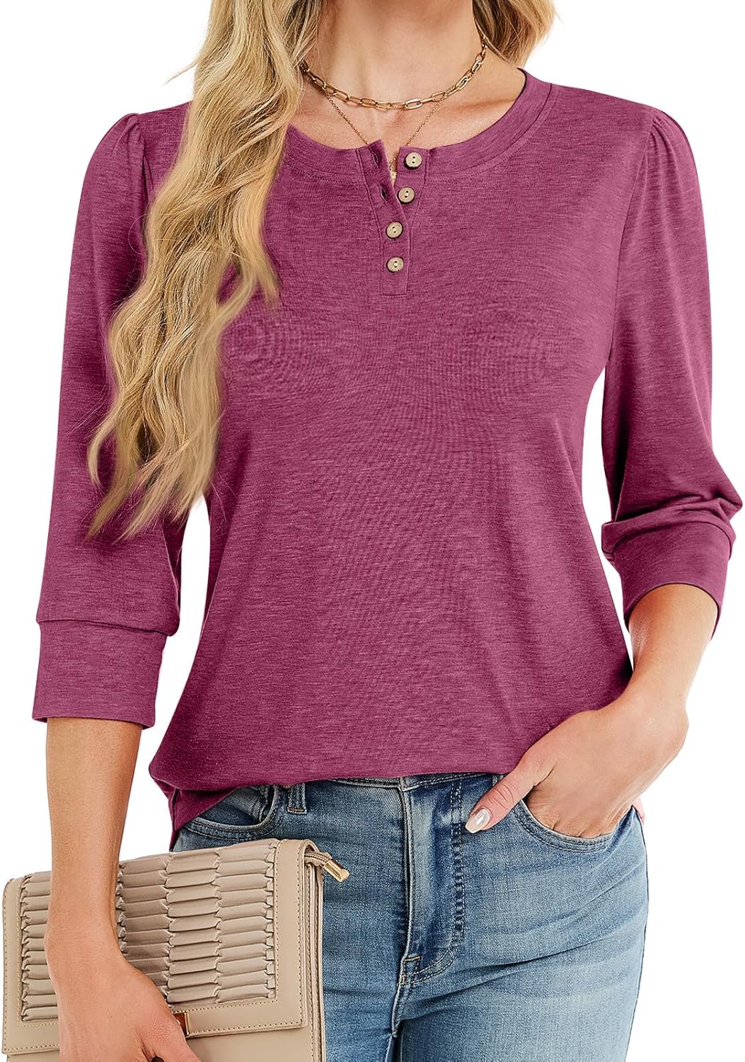 3/4 Length Sleeve Womens Tops Crew Neck Buttons Henley Shirts Tunic T Shirts Loose Fit Work Blouses 2025 Fall Trendy - Image 2