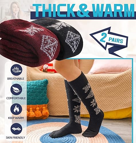 Miniatura 2 de DoSmart Calcetines altos de invierno para mujer, cálidos, de lana, acogedores, gruesos, para senderismo, esquí, cómodos, térmicos, 2 pares
