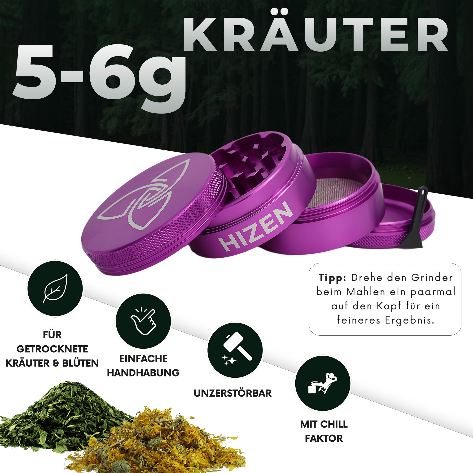 HIZEN Molinillo de aluminio XXL de 63 mm de diámetro, 4 piezas, juego de trituradora para hierbas secas, polen, flores, especias, con compartimento para polen y raspador (morado)