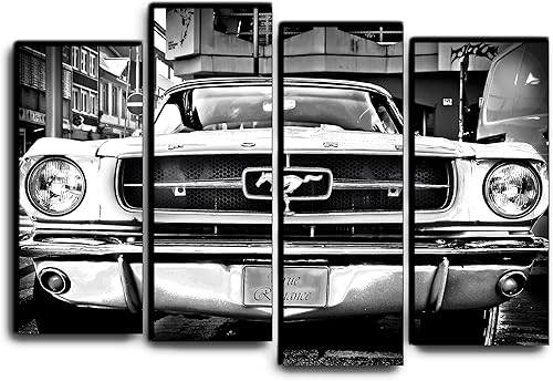 Big 4 Piece White Mustang 1964 Wall Art Decor Picture Painting Poster Print on Canvas Panels Pieces - Vintage Car Theme Wall Decoration Set - Muscle