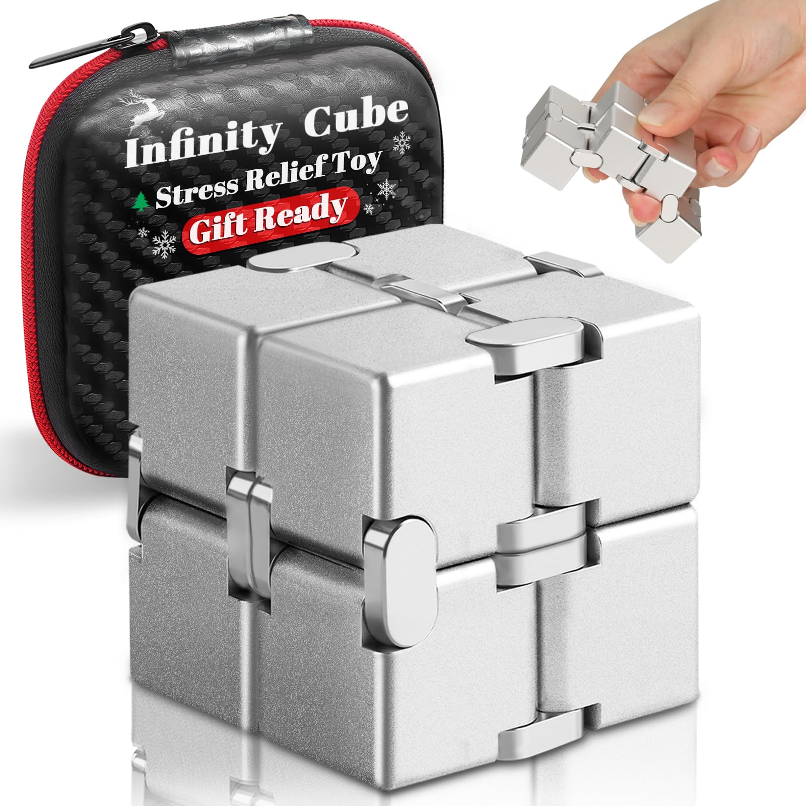 Bonison Infinity Cube Fidget Desk Accessory for Adults, Premium Aluminum Alloy Focus Tool with Carrying Case, Quiet Metal Device for Office, Meetings
