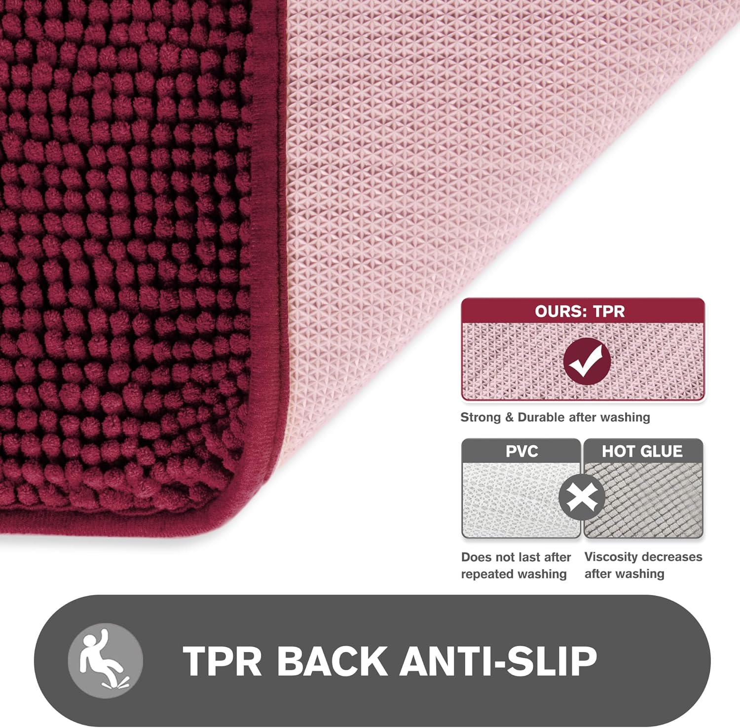 Bathroom Runner Rug 24 x 60 Inch – Extra Large Long Bath Mat | Absorbent and Washable Thick Chenille Bath Rug Non-Slip Runner Rug for Bathroom, Shower, Sink(Vivid Burgundy) - Image 5