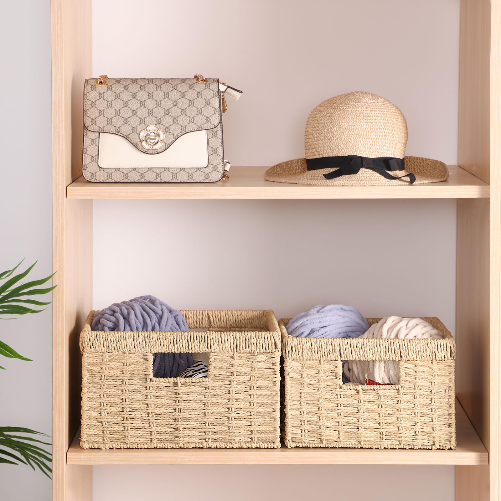 Set da 2 Cesto Portaoggetti, Cestino Intrecciato con Maniglia, Impilabile Organizer, Grande 30×30×17.5cm, Piccola 25.5×25.5×16cm, Cestini Decorativo, Naturale