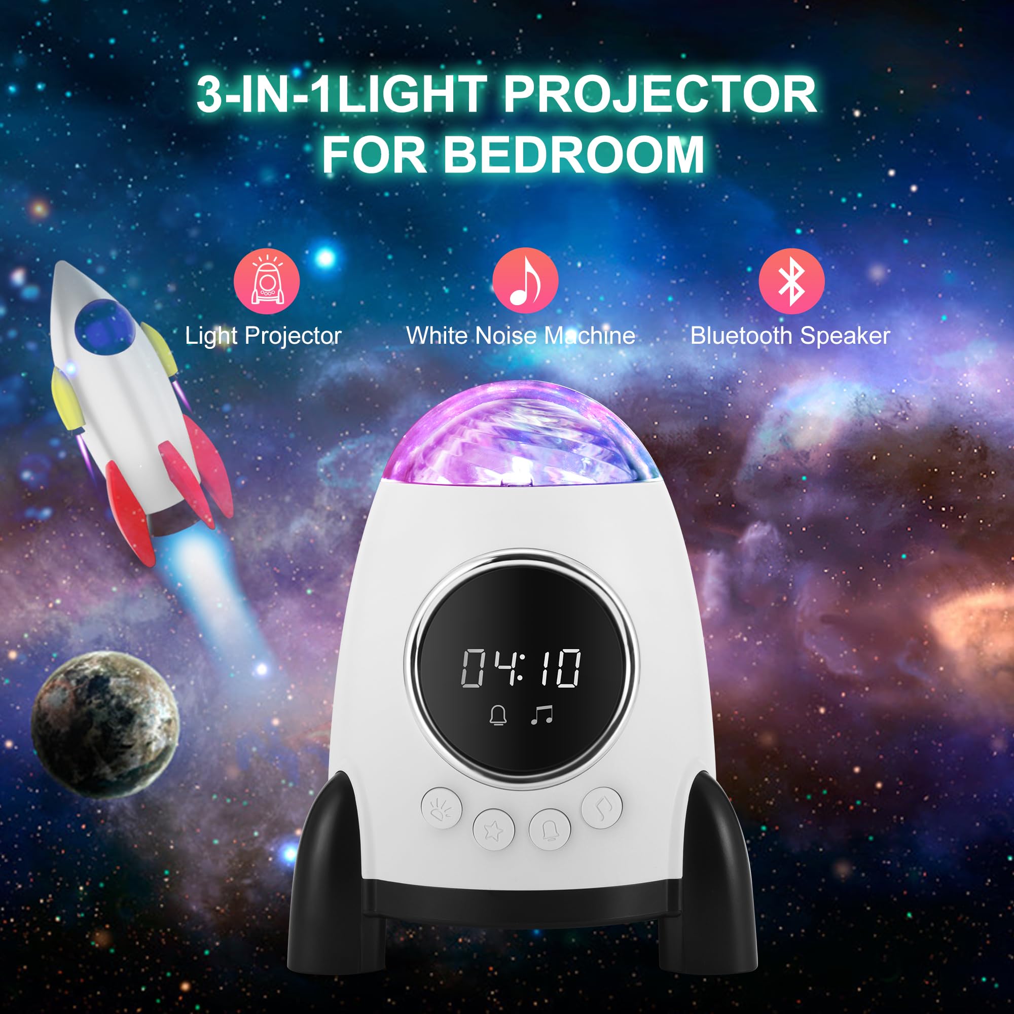 Proyector Star con Despertador, Altavoz Bluetooth y Proyector Aurora con Ruido Blanco para Dormitorio