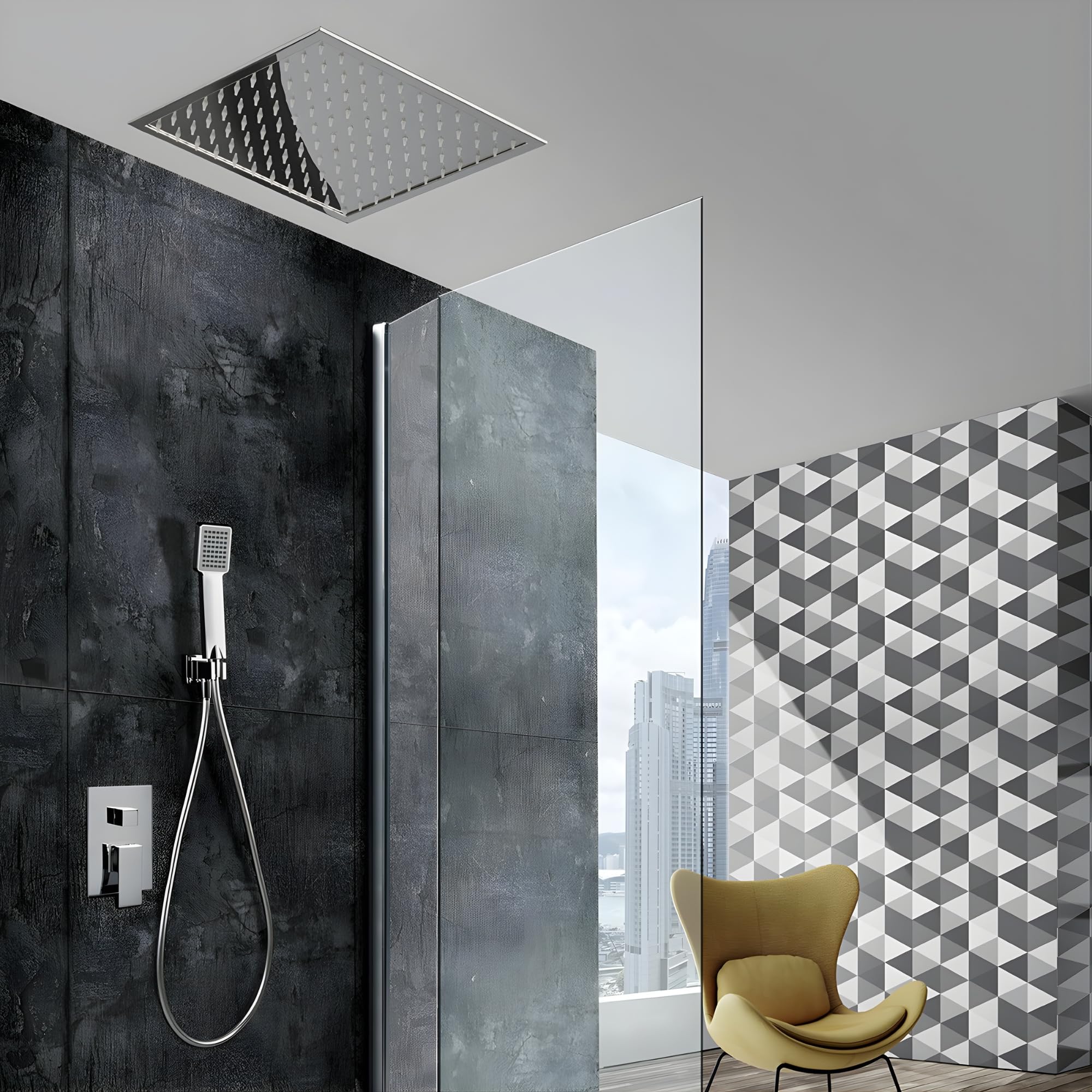 IMEX - Ducha Encastrada Techo Monomando Cromada | Rociador de Ducha Empotrado en Techo Antical y Efecto Lluvia | Alcachofa y Grifería Empotrada en Latón y Acero Inox S.304 | Serie Volga