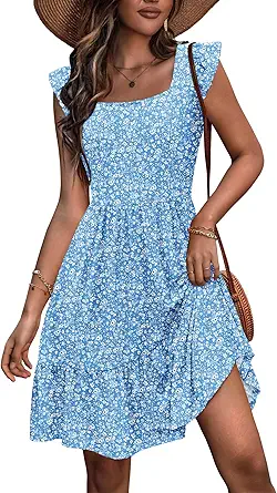 Zeagoo Womens Summer Dress Casual Ruffle Tiered Floral Square Neck Sundresses Beach Boho Mini A-line Dress 2025 with Pockets