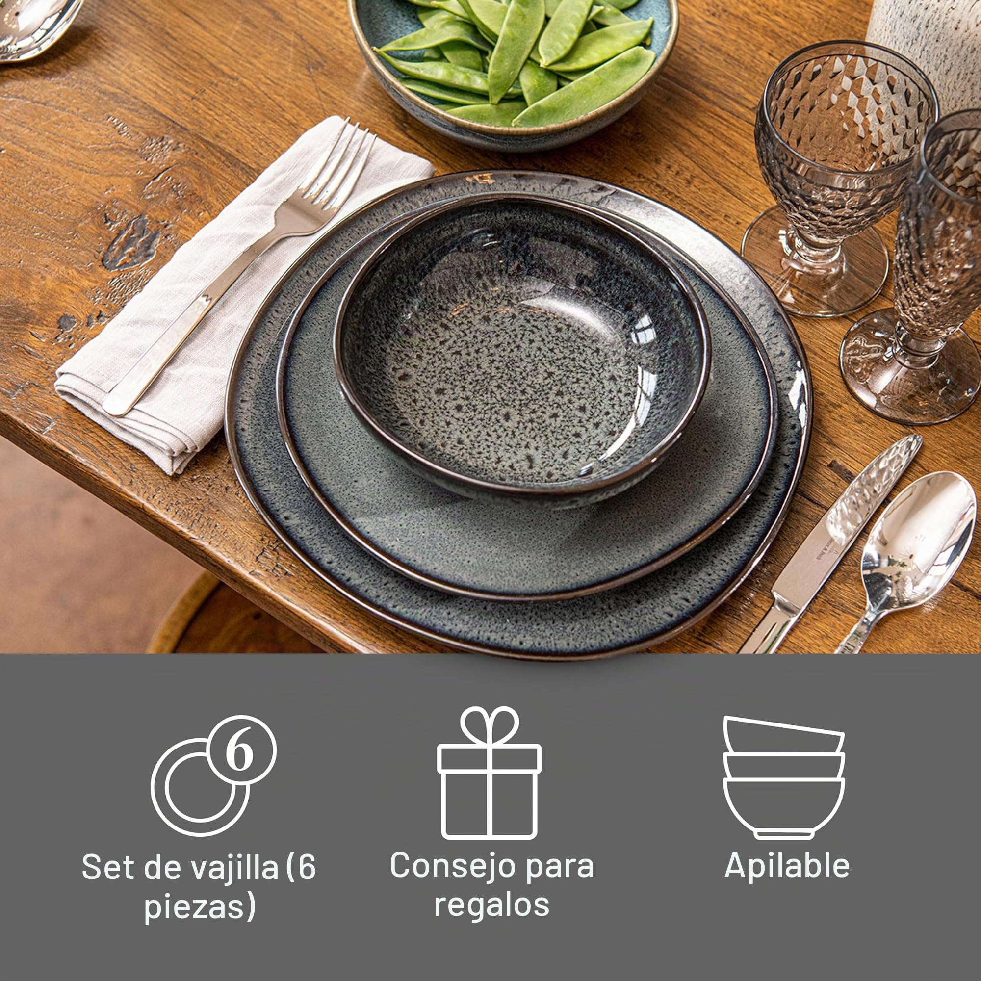 like. by Villeroy & Boch Lave, Set De Vajilla De Loza, 6 Piezas, Aspecto Alfarero, Servicio De Desayuno Para 2 Personas, Gris