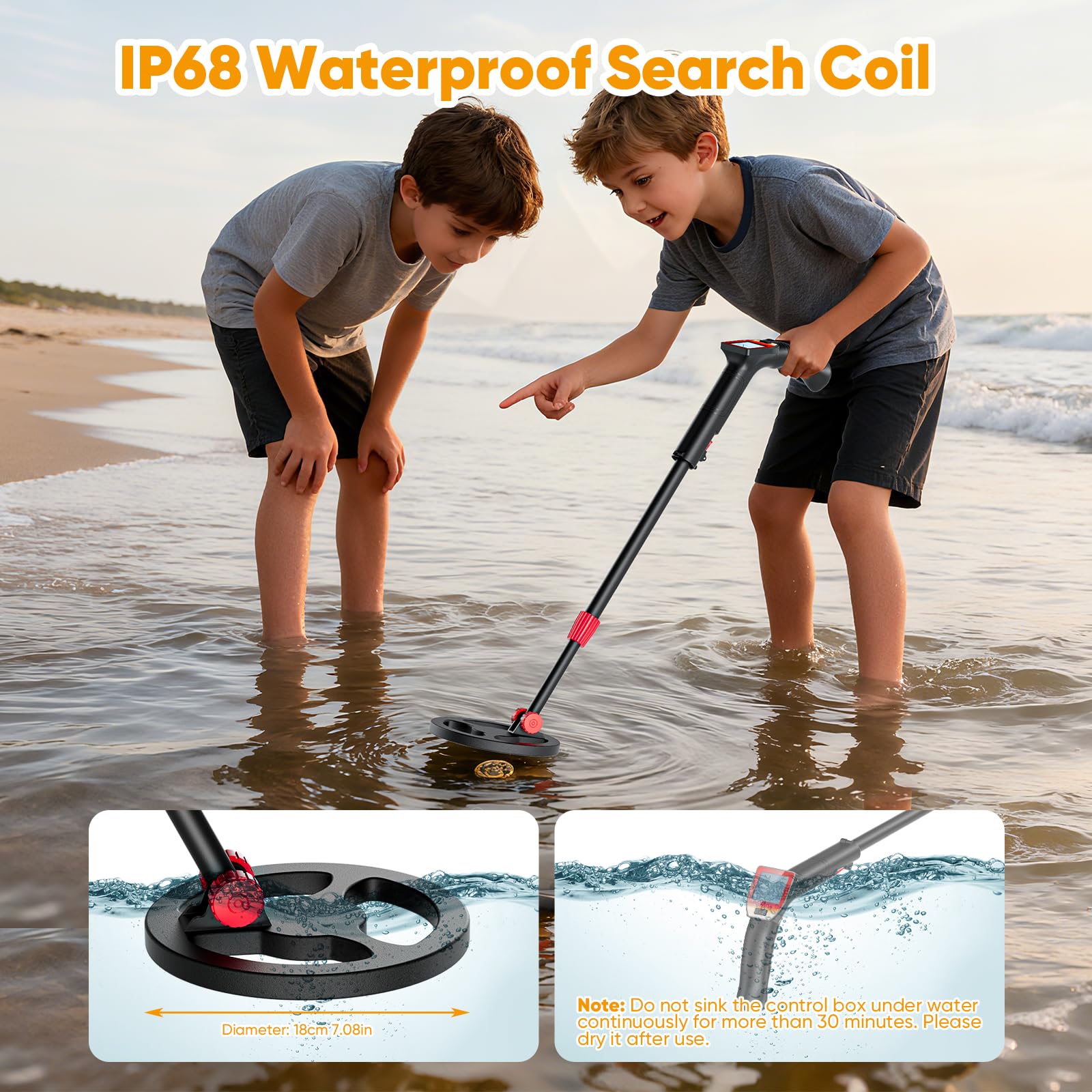Metal Detector Per Bambini Con Asta Regolabile 66-83 Cm – Bobina Impermeabile IP68, Display LCD, Suono E Set Con Pala, Rastrello E Setaccio
