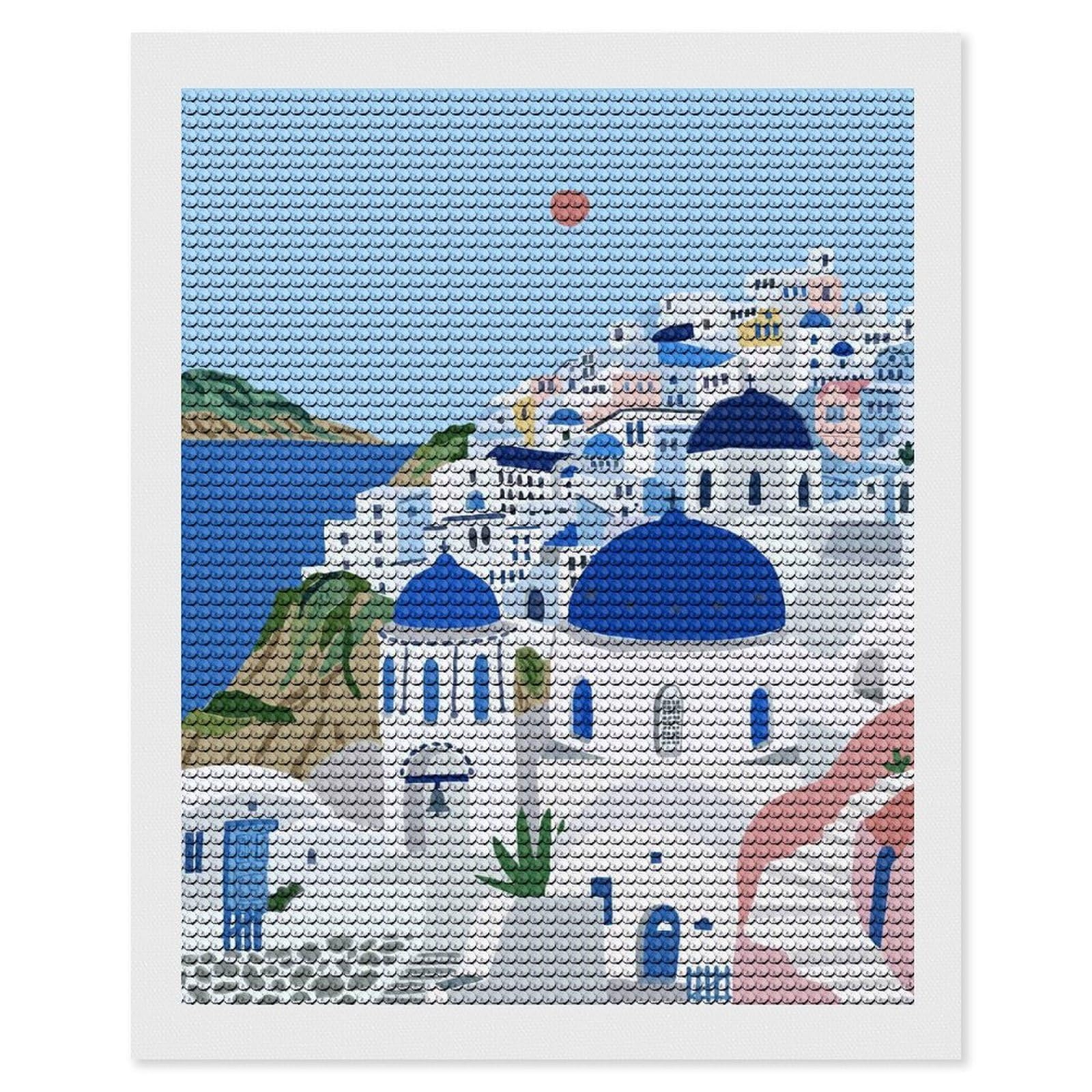 Junmoney Santorini Greece Illustration Diamond Painting Canvas Set 16"x20", for Adults, Sparkling Round Gems, Thoughtful Handmade Gift, Modern Decor