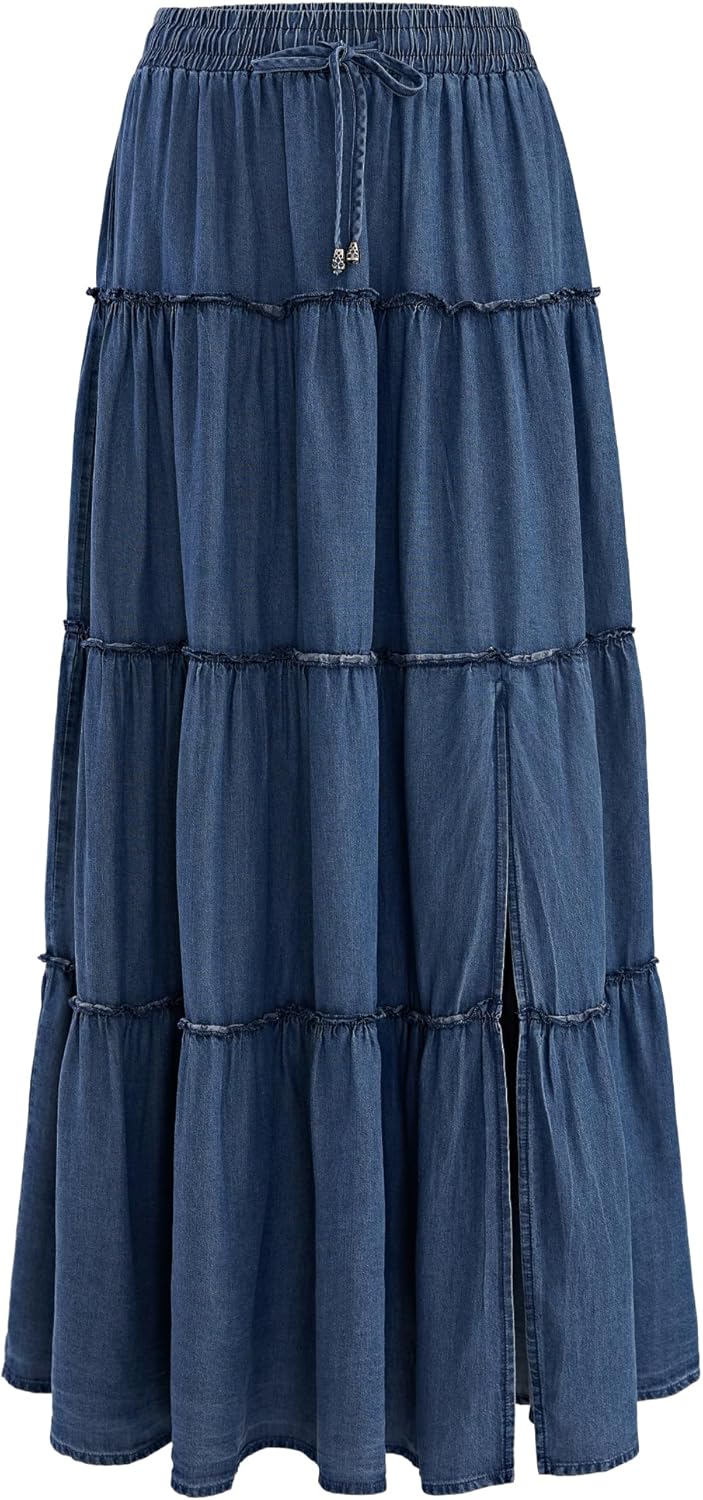 OXP Women's Denim Tiered Maxi Skirt High Waisted Flowy Ruffle Long Skirt for Casual, Vacation Daily Wear