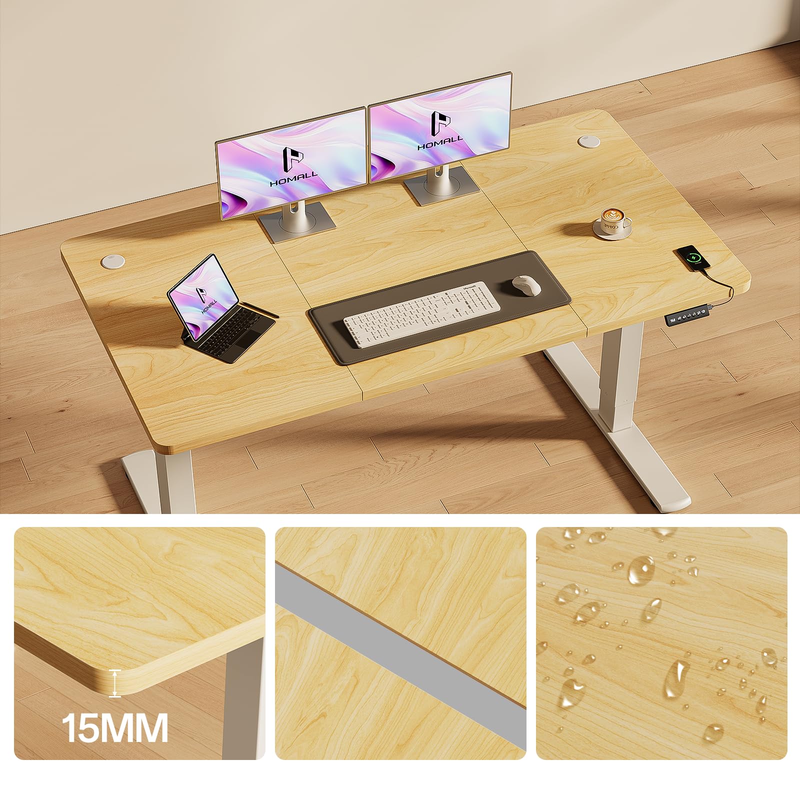 Homall Bureau Assis Debout Électrique 140 x 60 cm Table Réglable en Hauteur avec Chargeur USB, Rappel de sédentarité, 3 Positions Mémorisables, Beige