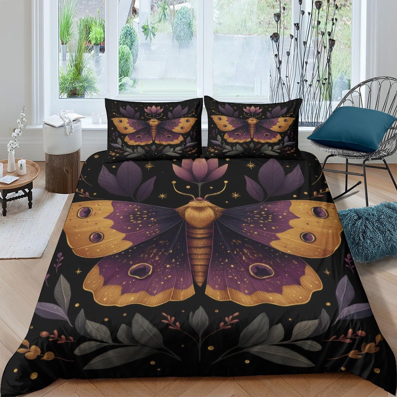GPLZQXKJNH 3D Printed Butterfly Floral Duvet Cover Microfiber Soft Breathable Moth Quilt Cover Set with 2 Pillowcases for Bedroom Decor Single（135x200cm）