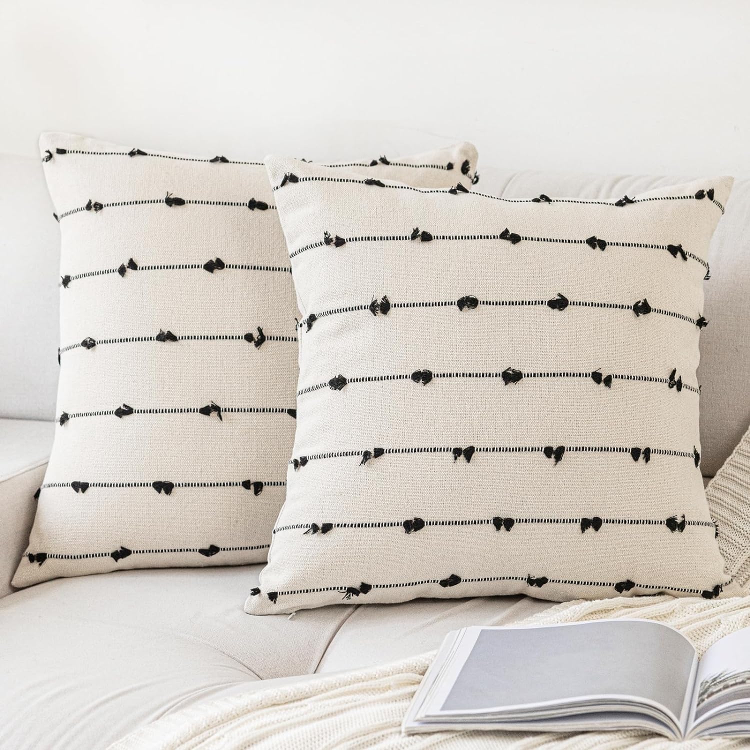 Boho Throw Pillow Covers 18x18 Set of 2, Modern Farmhouse Decorative Cushion Case Tufted Square Pillows Cover, Neutral Pillow Cases Accent Pillowcase, for Sofa, Couch, Bed, Beige and Black