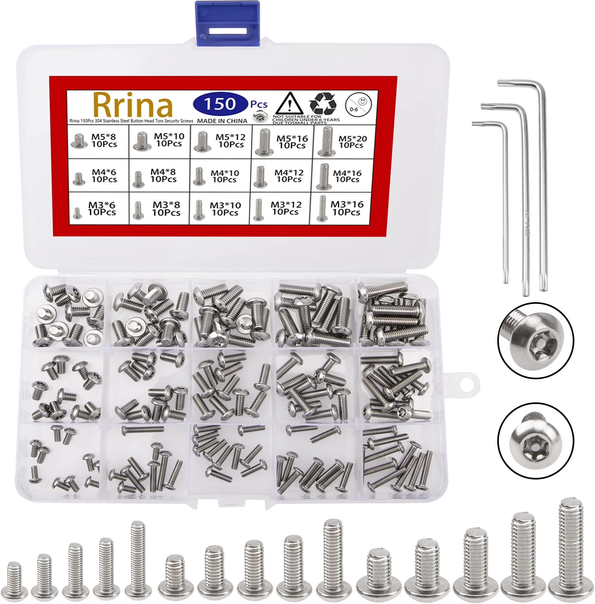150Pcs 304 Stainless Steel Button Head Torx Security Screws Tamper Resistant Screw Assortment Set, M3 M4 M5 with 3 Wrench(T10 T20 T25)