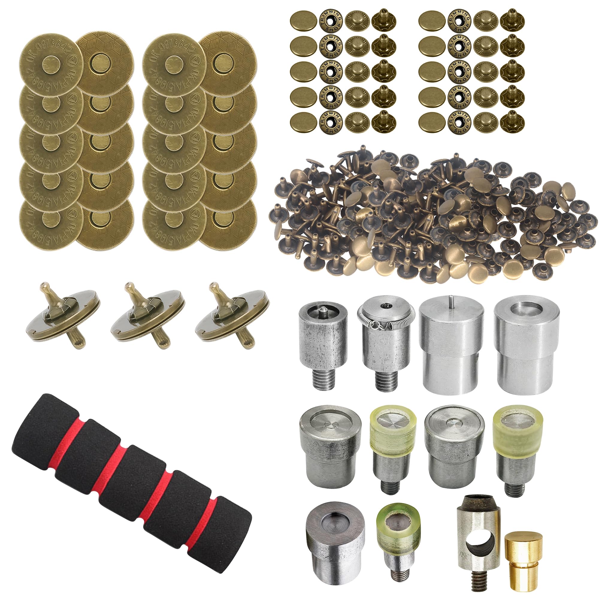 WedDecor Komplettes Leder-Bastelbedarf-Set – Bronze – 8 mm Doppelkappen-Nieten, 14 mm magnetische Schnappverschlüsse, 15 mm S-Federdruckknöpfe, Lochschneider, Handpress-Stanzschablonen-Set und