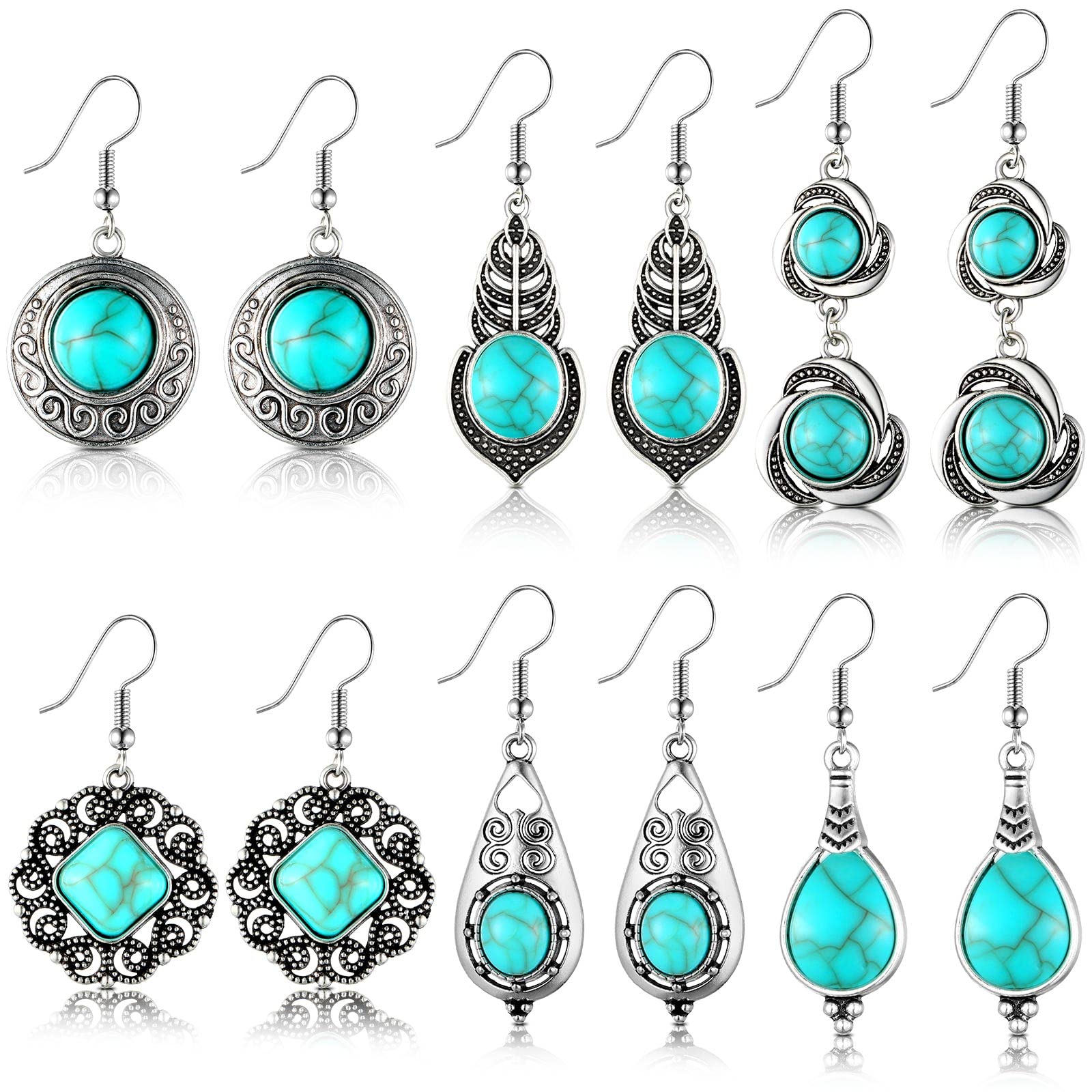 Set Di 6 Paia Orecchini Boho Pendenti: Gioielli Etnici Turchesi E Argento Per Donne