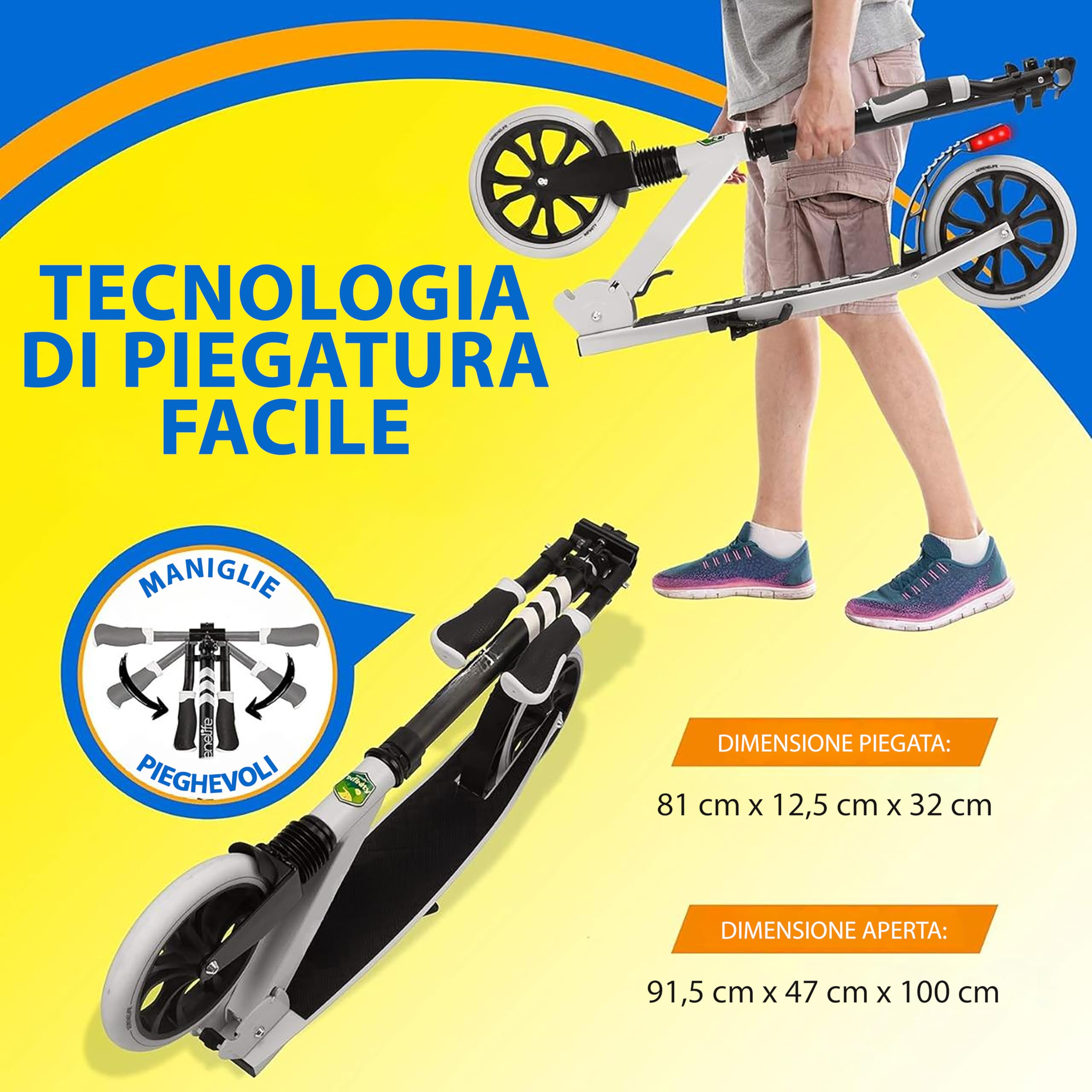 SereneLife Monopattino, Monopattino Bambini da 8 Anni, 2 Ruote con Manubrio Regolabile, Adulti e Adolescenti, Antiscivolo, Monopattino Pieghevole, Monopattino a Spinta e Portatile con Tracolla