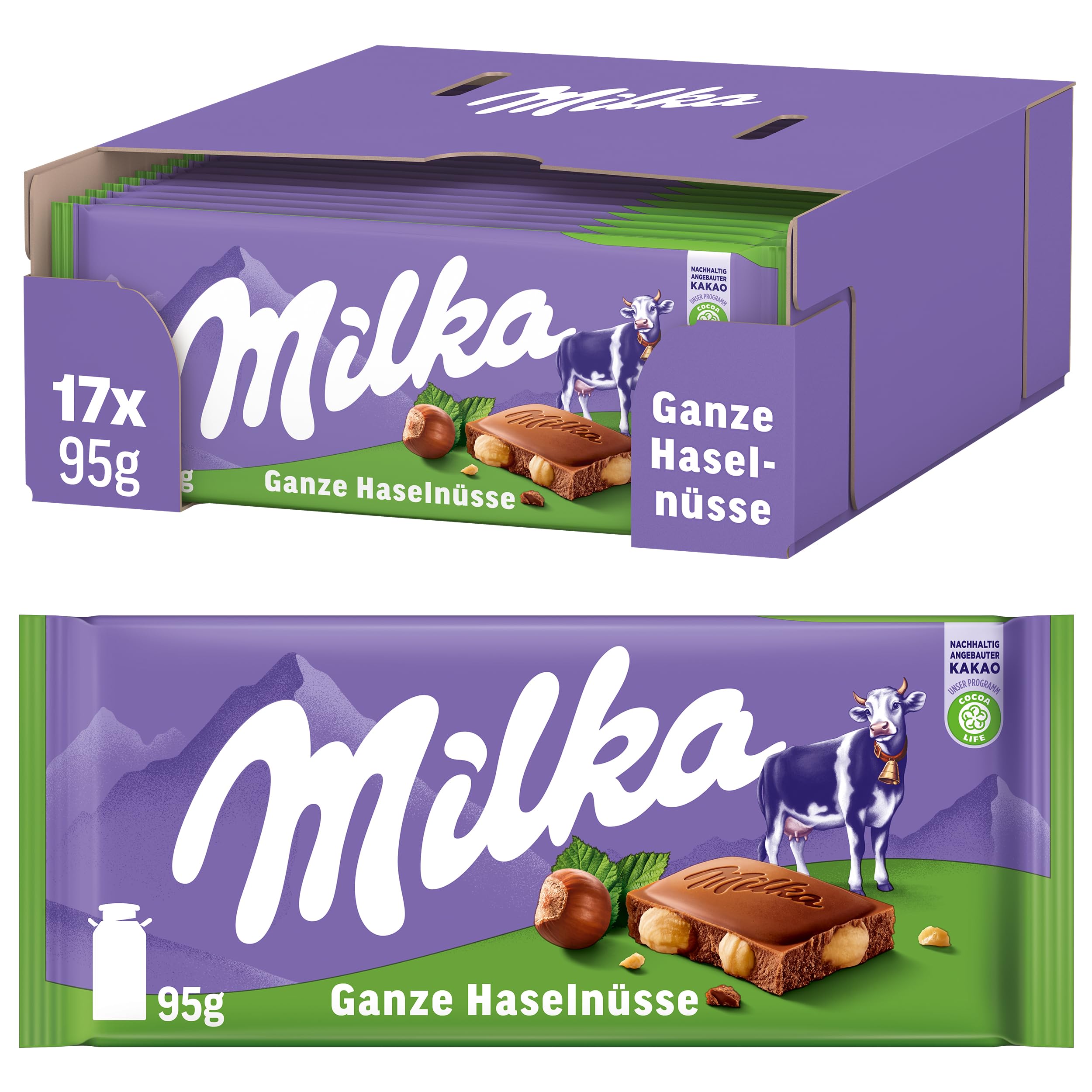 Milka Alpenmilch-Schokoladentafel mit ganzen Haselnüssen – Tafelschokolade mit knackigen Nüssen – 17 x 95g