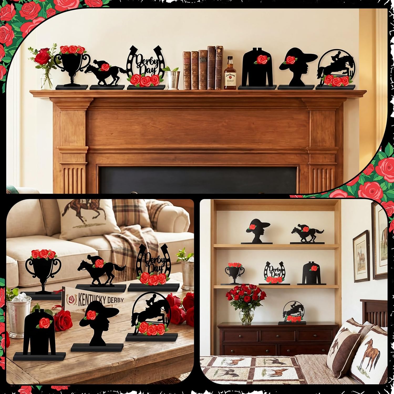 Novabright 6 Pcs Derby with Rose Table Decorations Signs Horse Racing Party Decorations Wooden Horse Racing Table Centerpieces 3D Derby Tiered Tray Decor for Home Office Decor Holiday Party Supplies