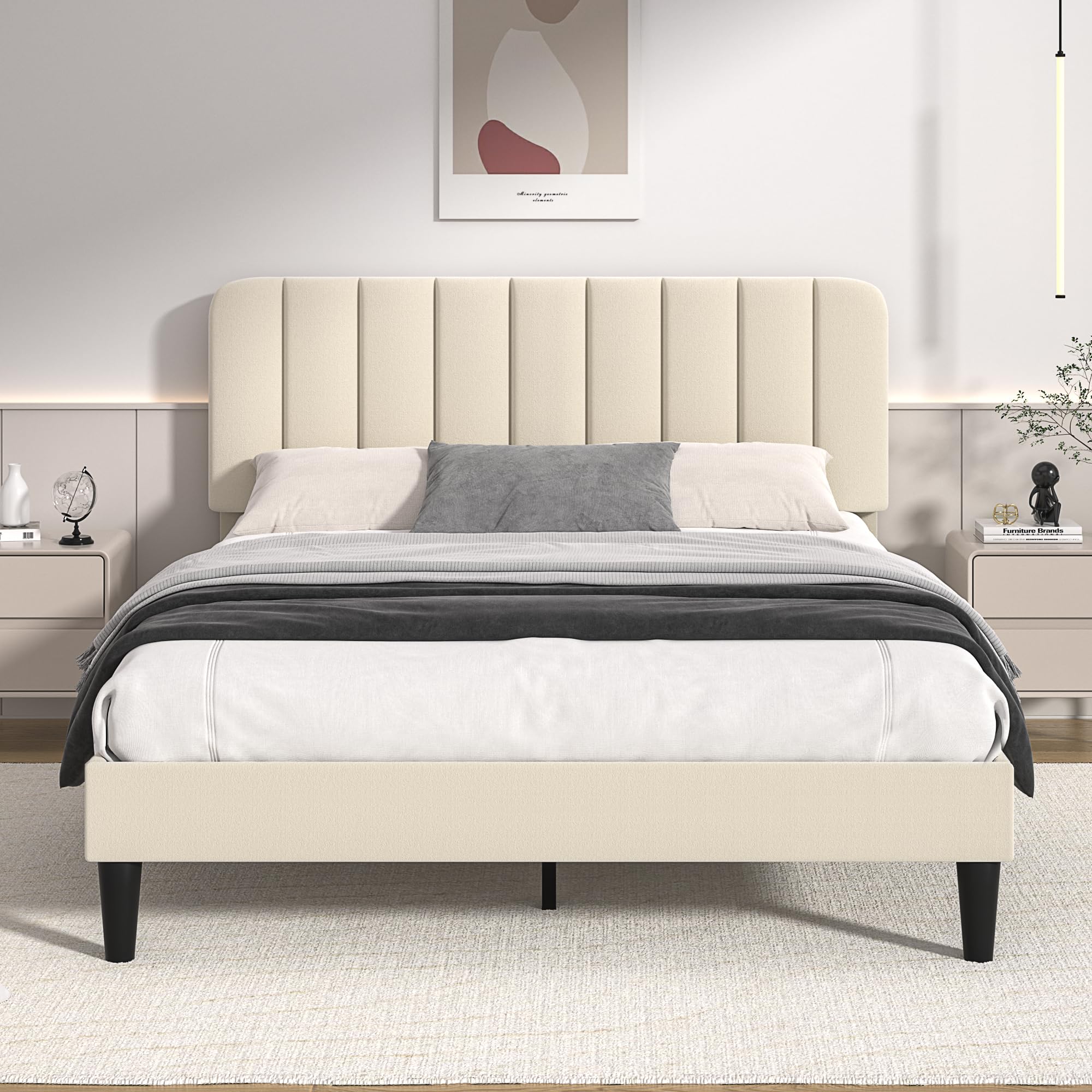 VECELO Full Size Upholstered Bed Frame with Adjustable Headboard, Velvet Platform Bedframe Mattress Foundation, Strong Wood Slat Support, No Box Spring Needed, Beige(box 1 of 2)