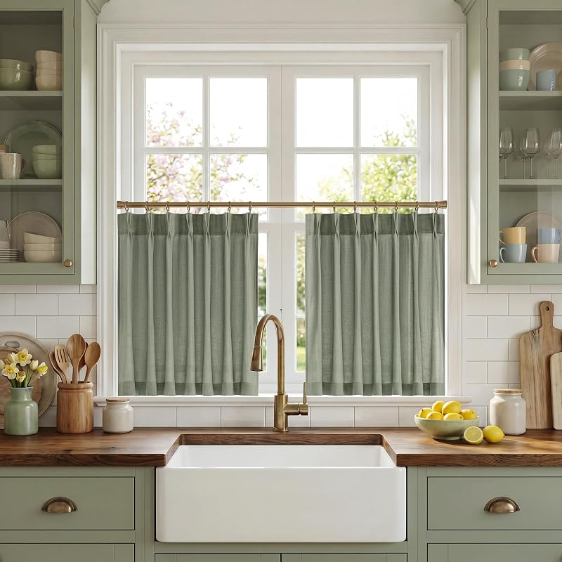 NICETOWN Cortinas plisadas de lino para ventana de cocina, color verde salvia | Cortinas cortas con filtrado de luz para cafetería, bar, sala de estar, dormitorio, Navidad, 40 ancho x 36 largo, juego de 2 paneles