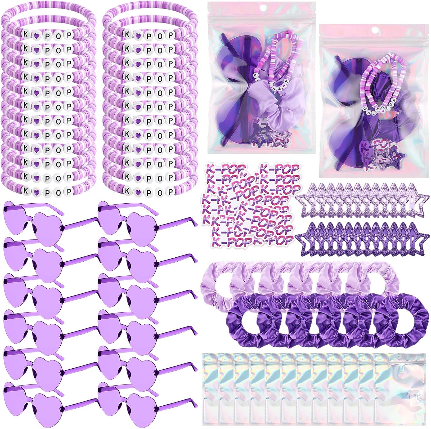 Landical 134 Pcs/ 12 Sets Kpop Party Favors K-pop Bracelets Stickers Korean Heart Sunglasses Scrunchies Clips Gift Bags for Kpop Fans Birthday Popular Singer Party Supplies Women Accessories
