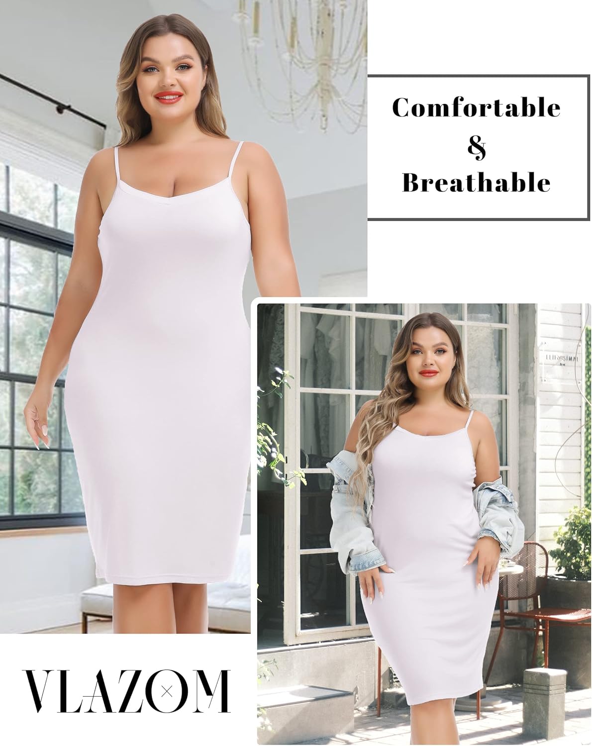 Vlazom Women's Plus Size Full Slip Dresses V-Neck Soft Nightgown Adjustable Spaghetti Strap Mini Casual Dress Under Dresses - Image 5