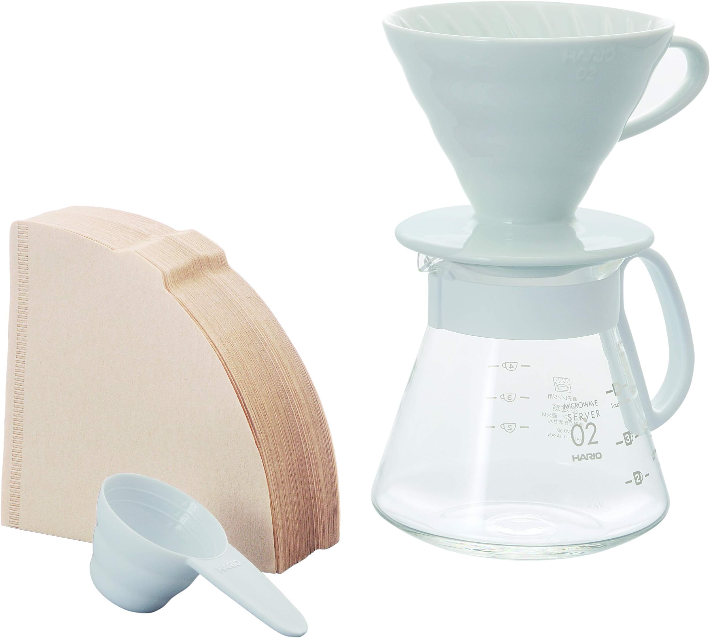 Hario Pour Over Coffee Set with Ceramic Dripper Size 02, Complete Kit with Glass Server, Scoop & Filters, Japanese Manual Brewer - White