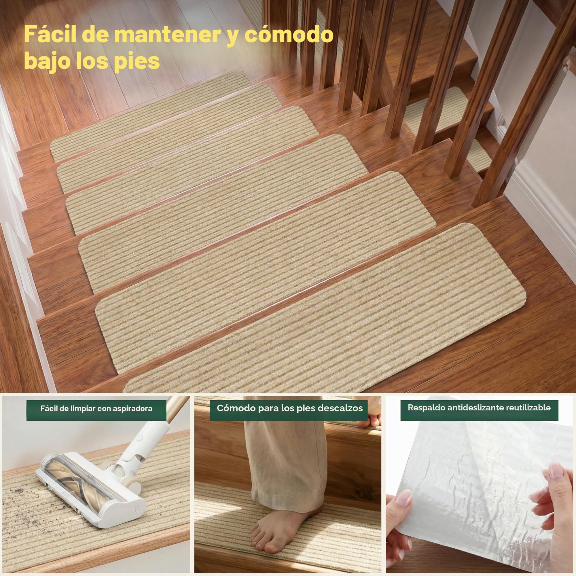 MBIGM 20cm X 76cm (Paquete de 15) Alfombras Antideslizantes Peldaños de Escalera Alfombrilla Antideslizante Interior para niños Mayores y Mascotas con Adhesivo Reutilizable, Camello
