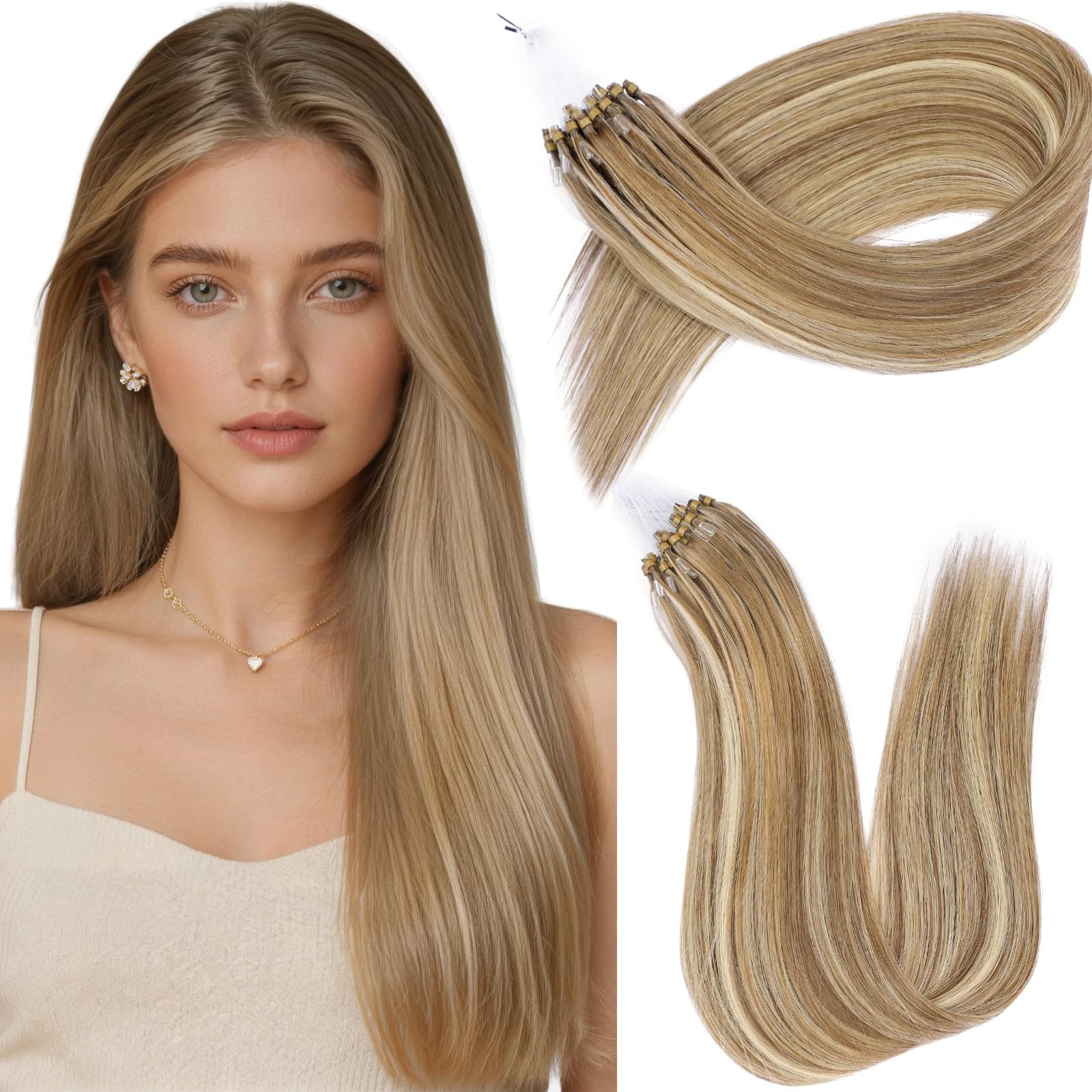 KiiKiiGirl Microlink Hair Extensions Human Hair,22 Inch #7/60 Chocolate Brown to Caramel Blonde Micro Loop Microbead Micro Link Hair Extensions Human