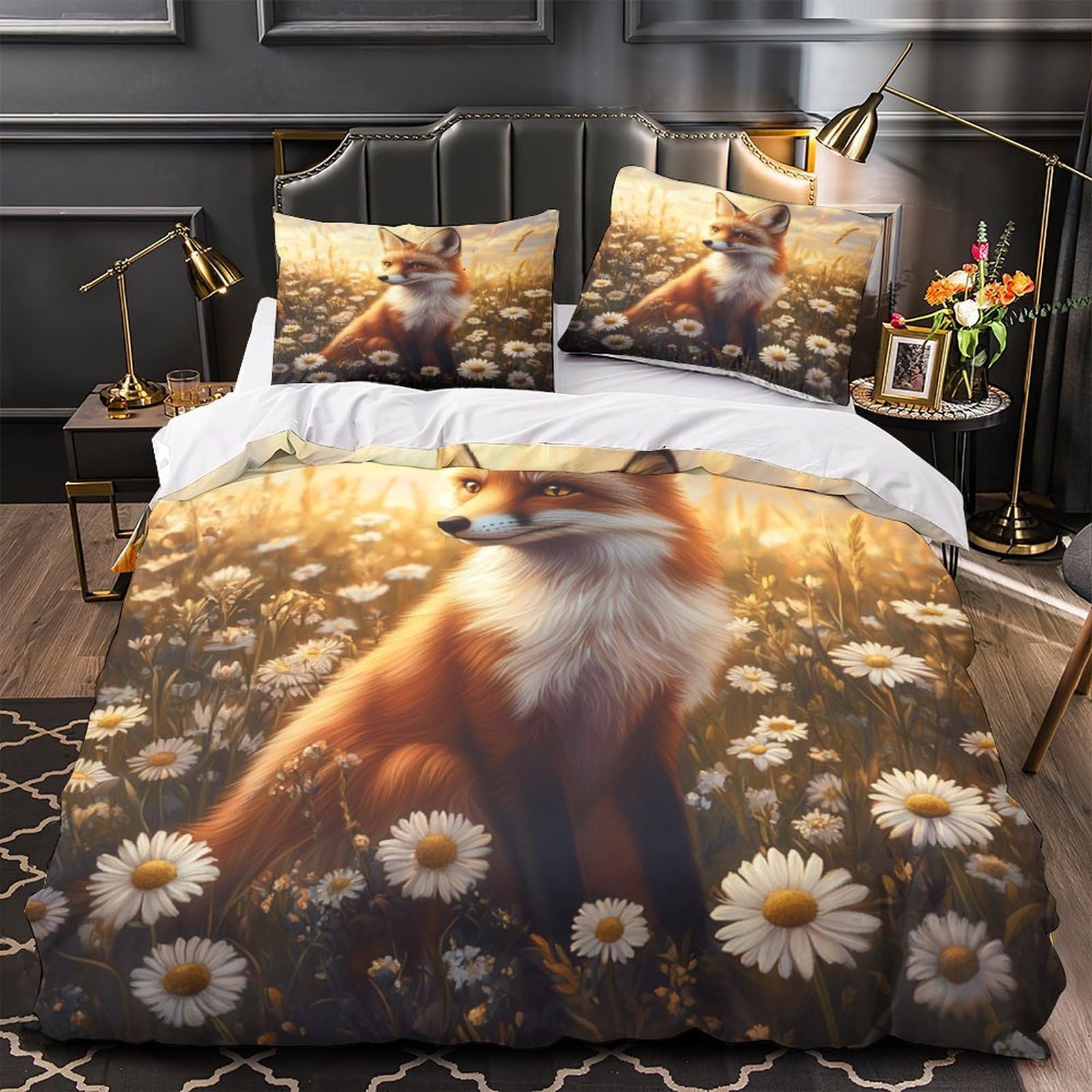 Housse de couette renard 3D 220x240 cm en microfibre lavable avec 2 taies d'oreiller
