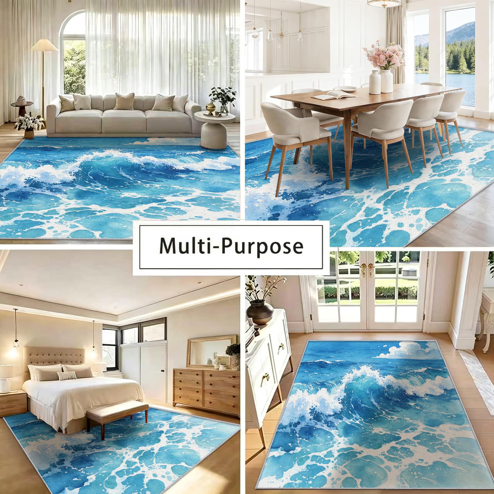 Tapis Carré Océan Bleu 200x200cm Salon Chambre Tapis Mer Antidérapant Lavable Doux Poils Courts Decoration 3D Vagues Paillasson Interieur pour Salle à Manger Cuisine a/2087
