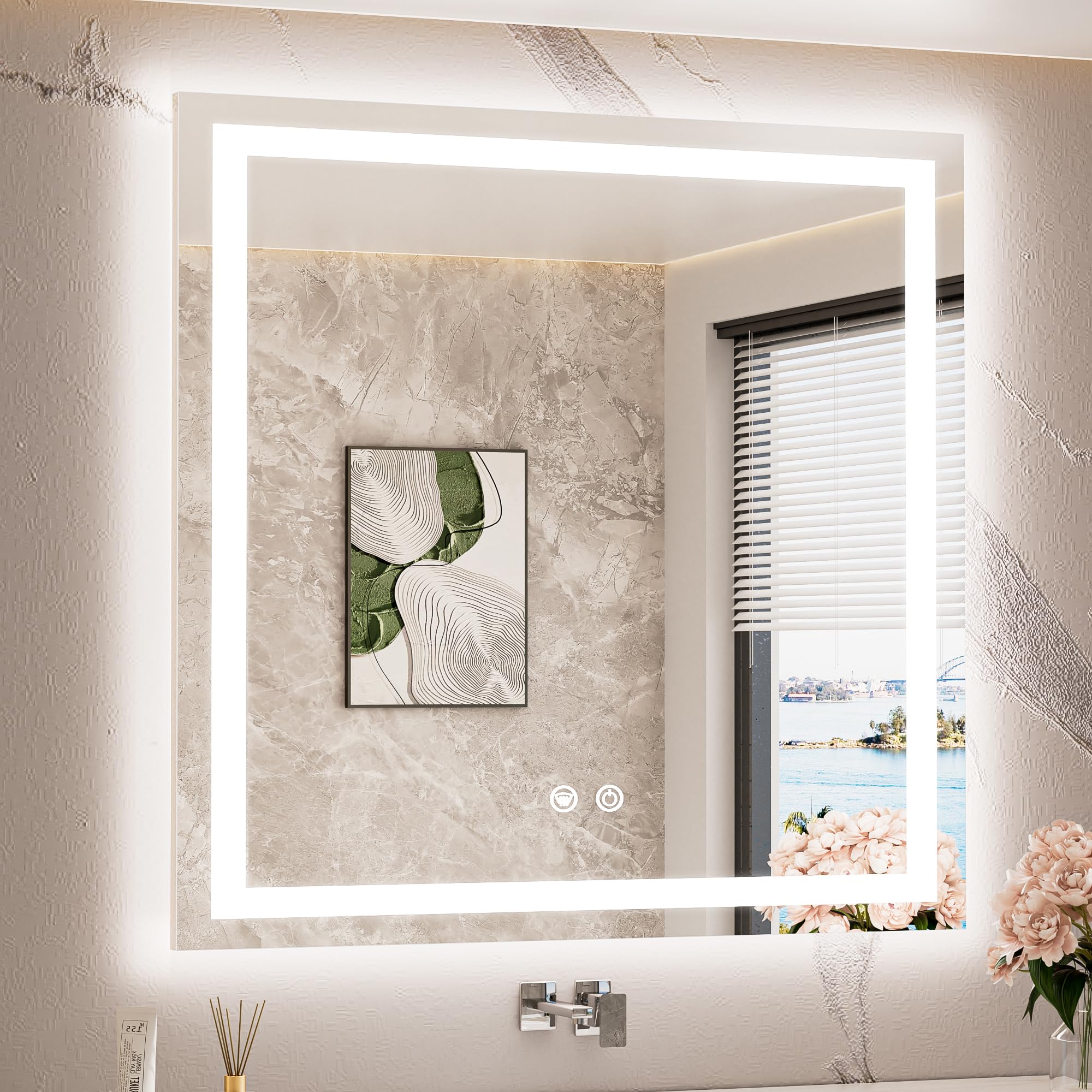 TETOTE 36 x 36 Inch LED Bathroom Mirror with Frontlit and Backlit, Brighter Light up Bathroom Vanity Mirror with Lights, 3-Color Dimmable Illuminated Anti Fog Mirror Wall Mounted, Waterproof