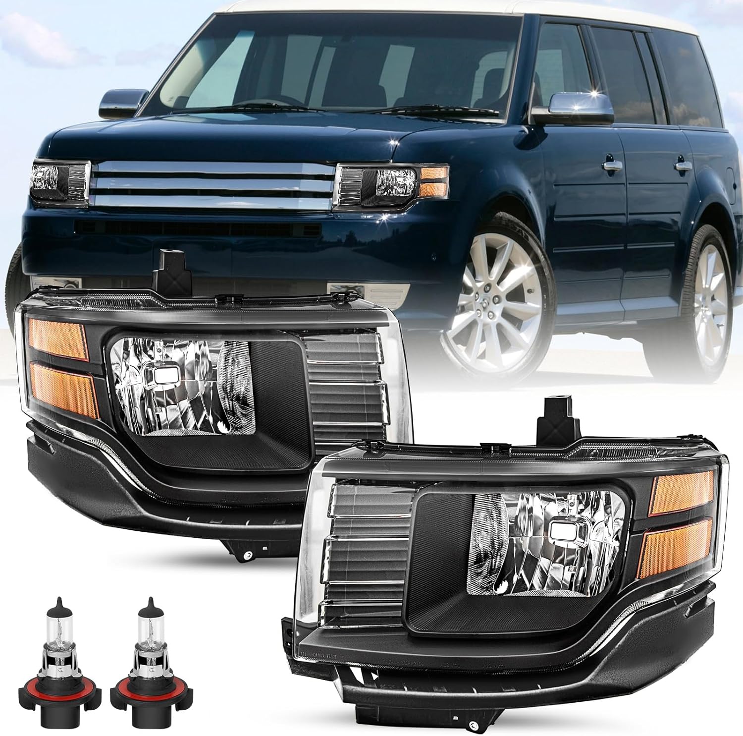 SOCKIR Headlight Assembly Pair [Halogen Model] Fit for 2009-2012 Ford Flex OE Style Headlamp Replacement (Black Housing with Amber Reflector)