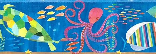 Miniatura 3 de Dundee Deco BD6231 - Borde de papel pintado prepegado para niños, azul, amarillo, verde, rosa tortuga arcoíris, pulpo, borde de pared de pez, diseño