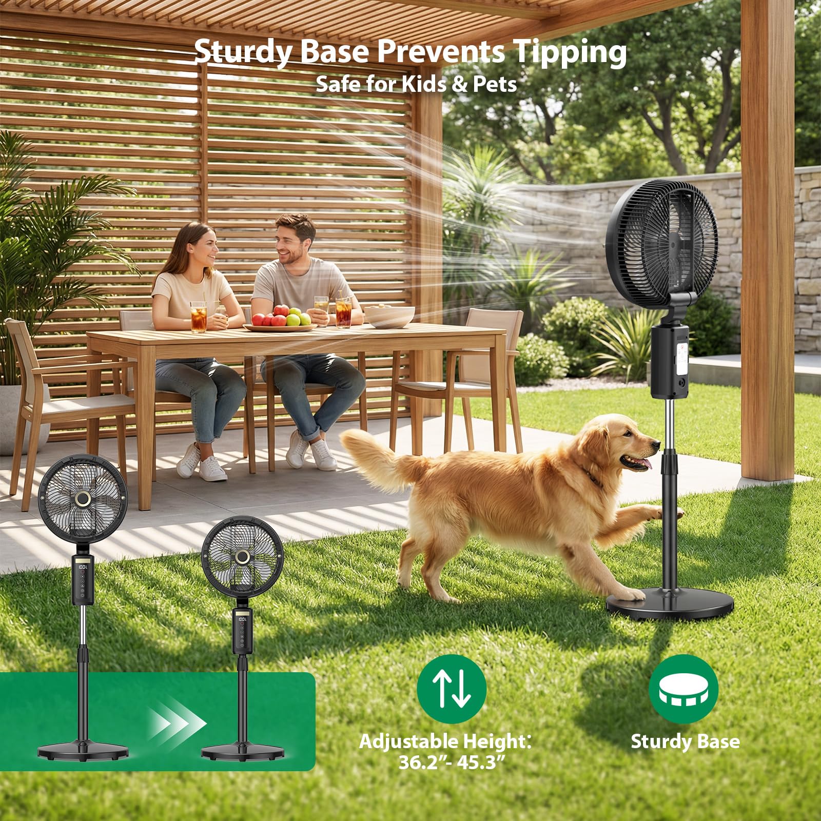 Ausic Ventilatore nebulizzatore esterno per patio, ventilatore a piedistallo senza fili alimentato a batteria ricaricabile da 30,5 cm, ventola di raffreddamento portatile oscillante da 30,5 cm