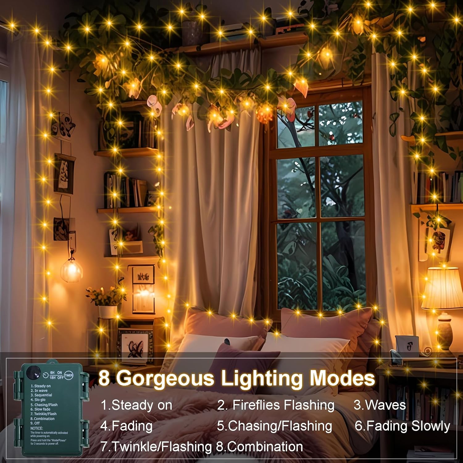 2 Pack Christmas Fairy Lights Battery Operated, Total 66Ft 200 LED String Light with Auto Timer 8 Modes Green Copper Wire Twinkle Lights for Bedroom Wreath Wedding Christmas (Warm White) - Image 2