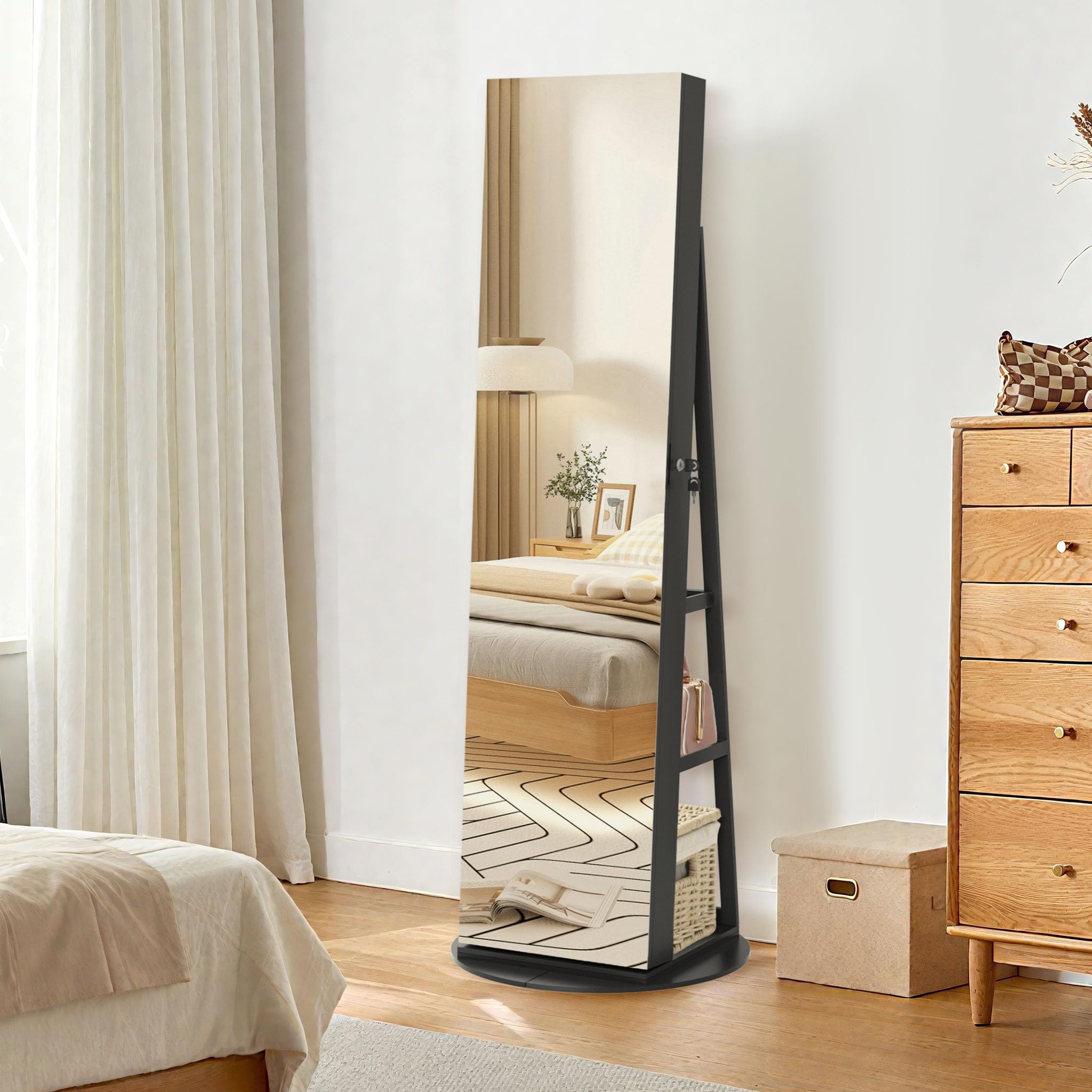UISEBRT Lustro szafka na biżuterię, obracana o 360°, z lampkami LED i zamkiem bezpieczeństwa, 3 w 1, stojąca szafka z lustrem, wewnętrzne lusterko do makijażu, 161 x 54,5 x 10 cm, czarna